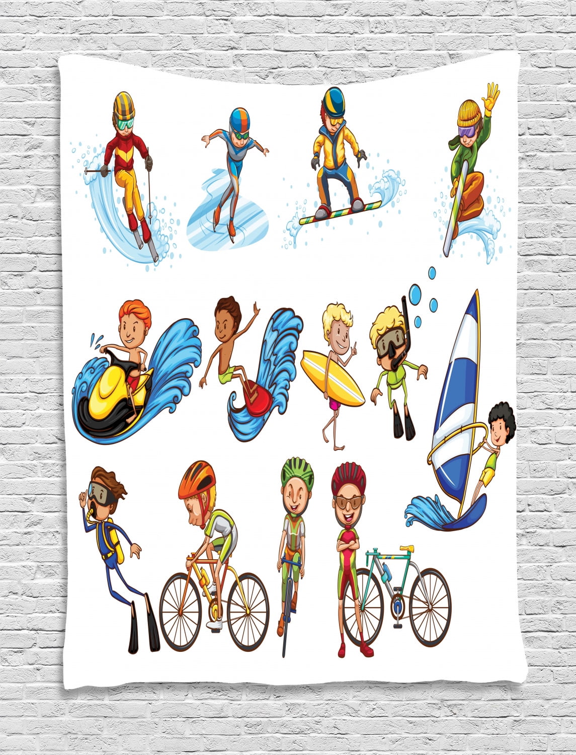 Kids Sports Tapestry, Little Athletes Activity Surfing Swimming Diving