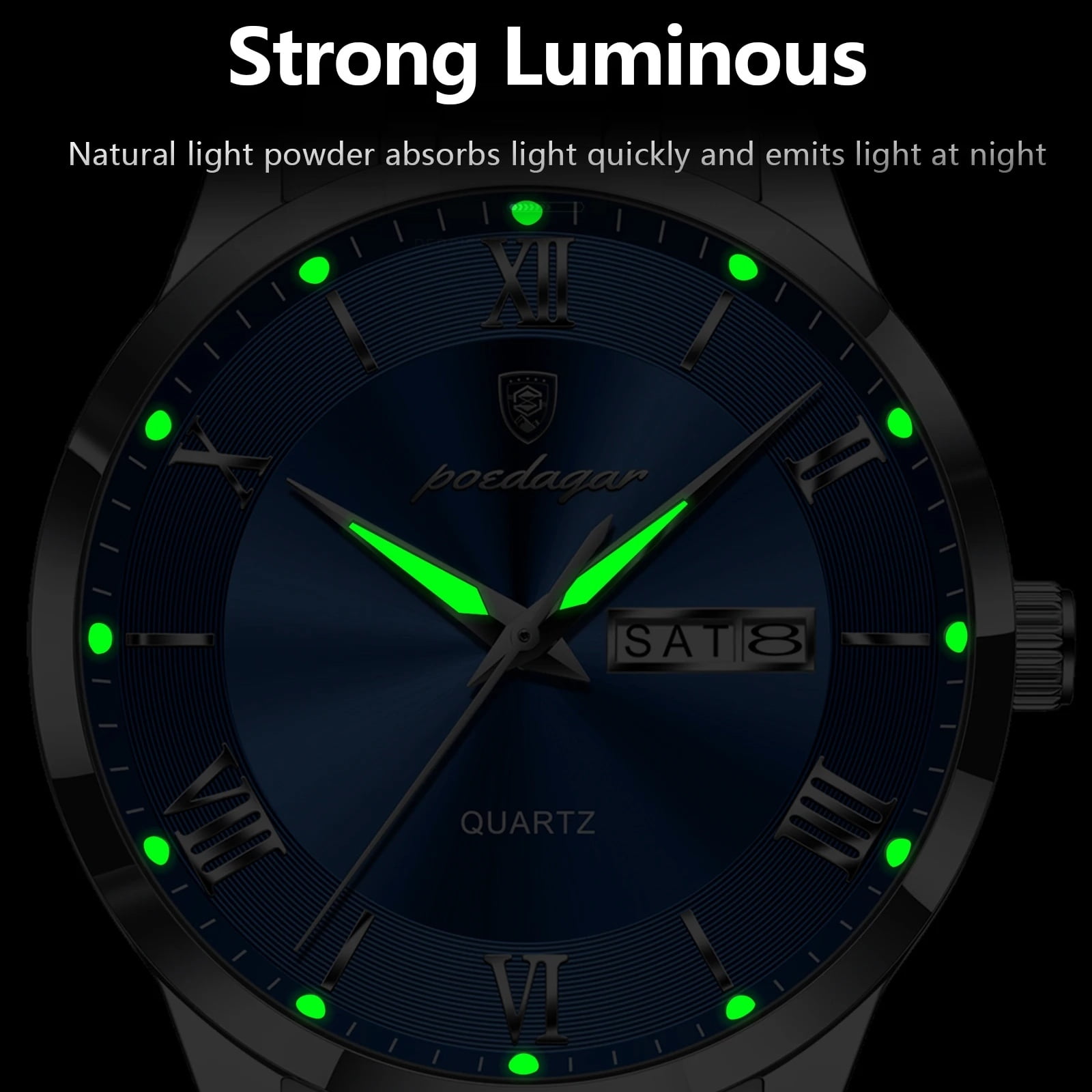 POEDAGAR Fashion Stainless Steel Men's Quartz Watches Waterproof Luminous Week Date Sports Man Wrist Watch