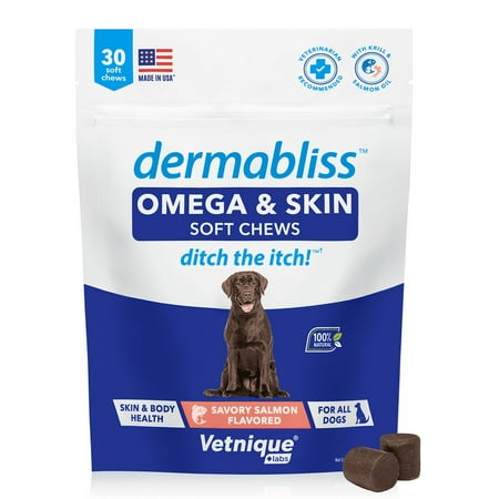 UPC: 0810082380354 | Vetnique Labs Dermabliss Omega & Skin Health Chews for Dogs with Omega 3-6-9 – Ditch the Itch – 30ct Hickory Salmon Soft Chews