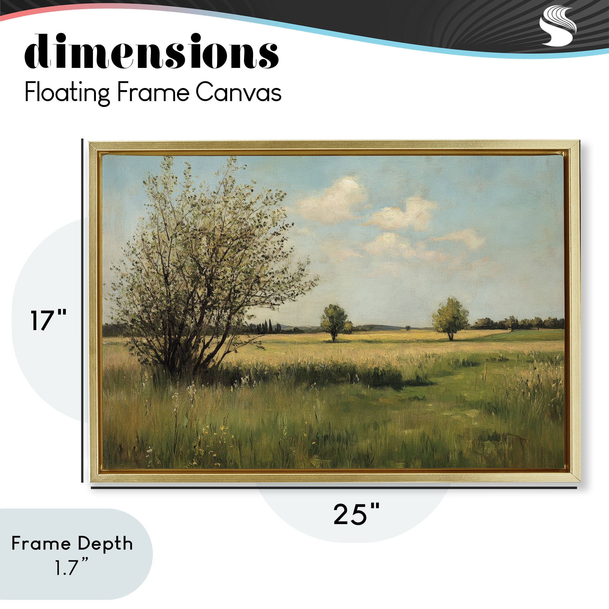 Stupell Industries Peaceful Meadow Under Serene Sky Gold Framed Floater Canvas Wall Art, design by Petal Prints Design
