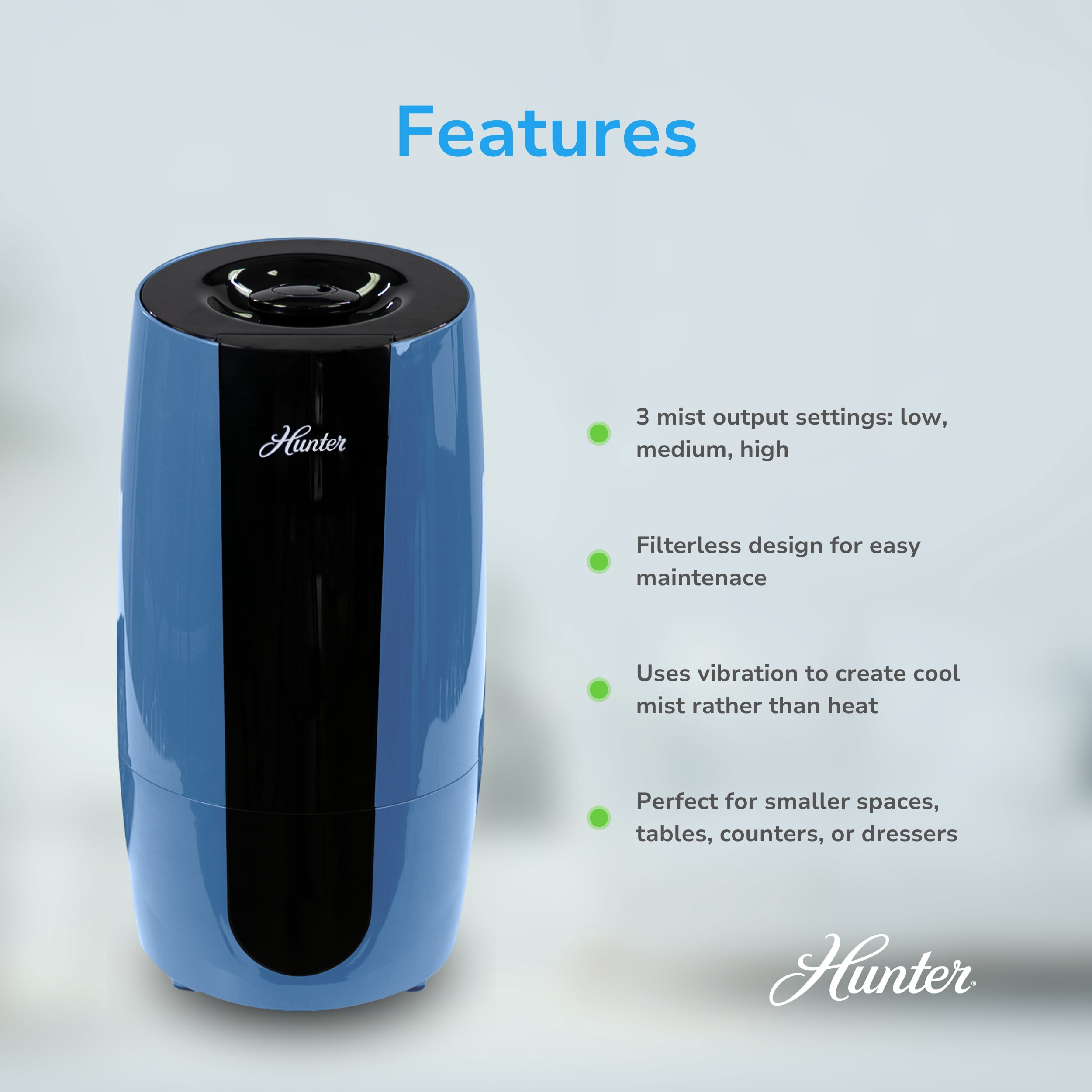 Hunter HHU400 Aspire Cool Mist 0.7 Gal Ultrasonic Humidifier, Denim
