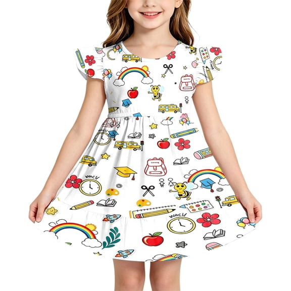 Curuila Toddler Girls Dress Flutter Sleeve Cartoon Print Crew Neck For School Fashionable Dresses Size 3-4 Years