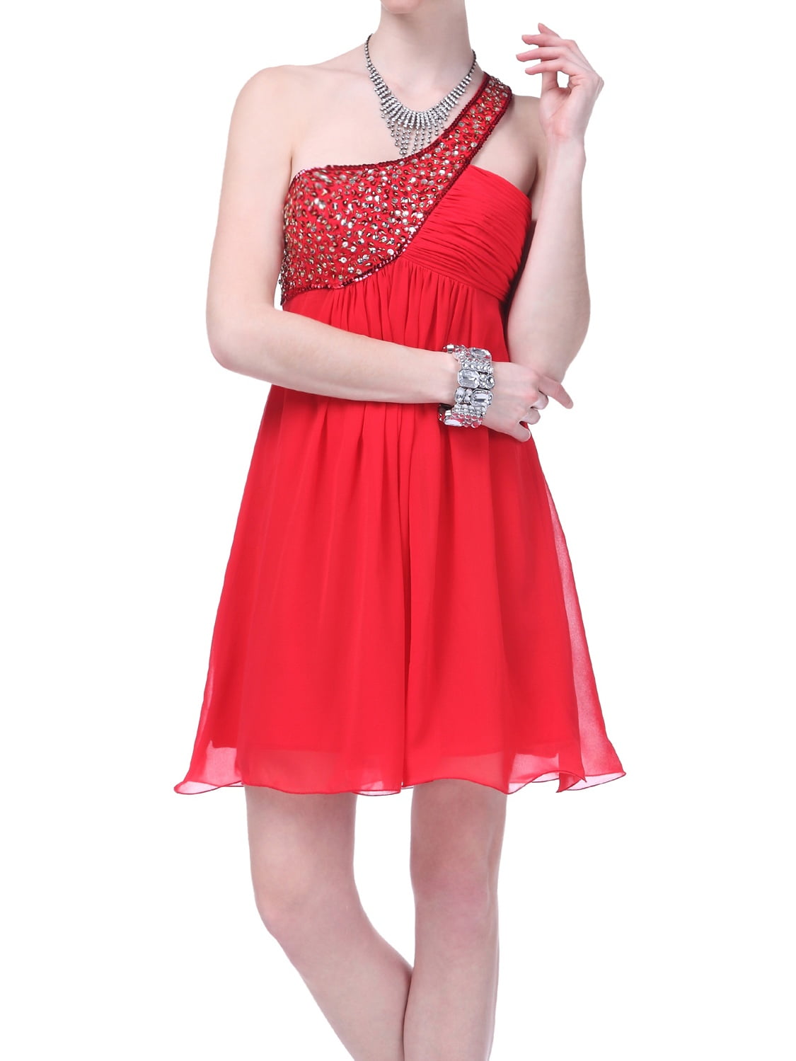 Faship Elegant One Shoulder Beaded Pleated Short Formal Dress Red