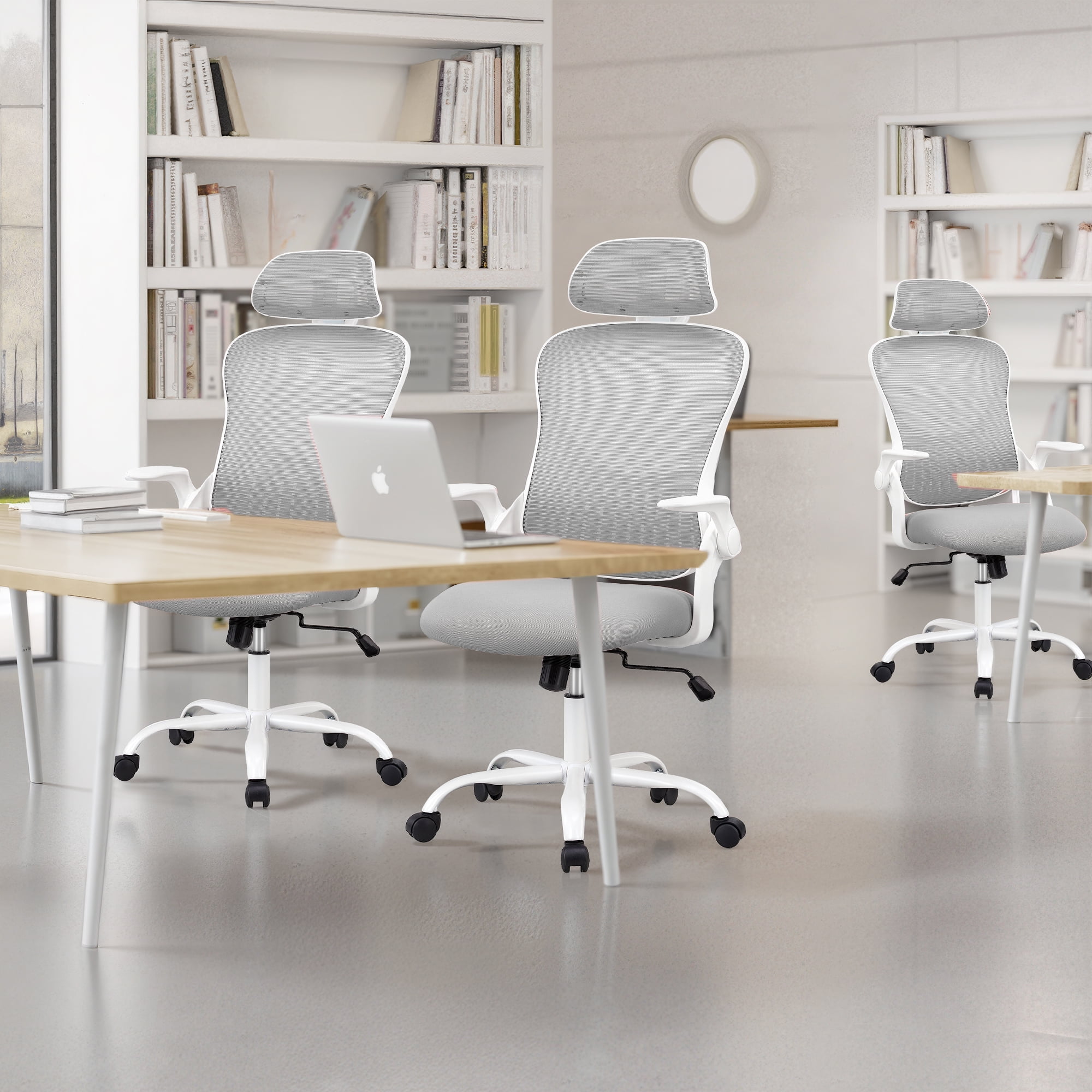 Ergonomic Office Desk Chair, High-Back Mesh Computer Chair with Adjustable Headrest, Lumbar Support, Flip-Up Armrests, Swivel Rolling Task Chair for Home Office, Gray