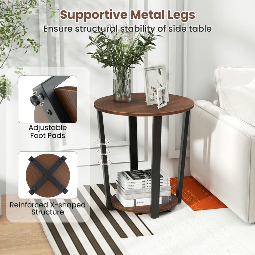 Finihen End Table, Versatile Side Table, Round End Table with Open Shelf and Metal Frame, Sofa Side Table, Bed Side Table, for Living Room, Bedroom, Walnut Finihen End Table, Versatile Side Table, Round End Table with Open Shelf and Metal Frame, Sofa Side Table, Bed Side Table, for Living Room, Bedroom, Walnut