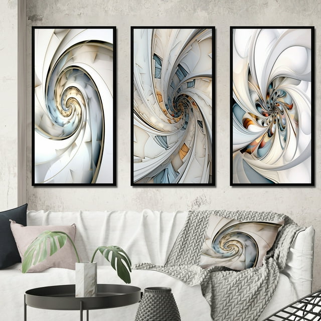 Designart "Abundance in Light Blue Spiral IV" Fractals Framed Wall Art Set Of 3 - Blue Transitional Frame Gallery Set For Office Decor