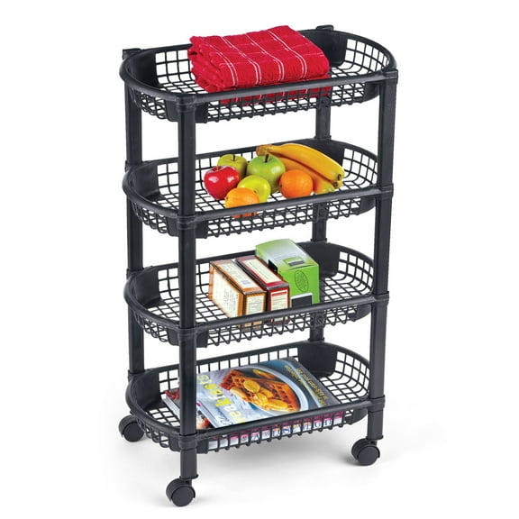 Collections Etc 4-Tier Rolling Cart with Storage Baskets - Black, 18 1/4" L x 10 1/4" W x 29" H