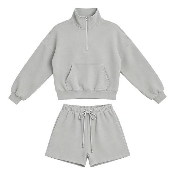Womens Sweatshirts Quarter Zip Pullovers & Sweat Shorts 2 Piece Athletic Sets Cute Y2k Tops Fall Outfits for Women (Grey XL)
