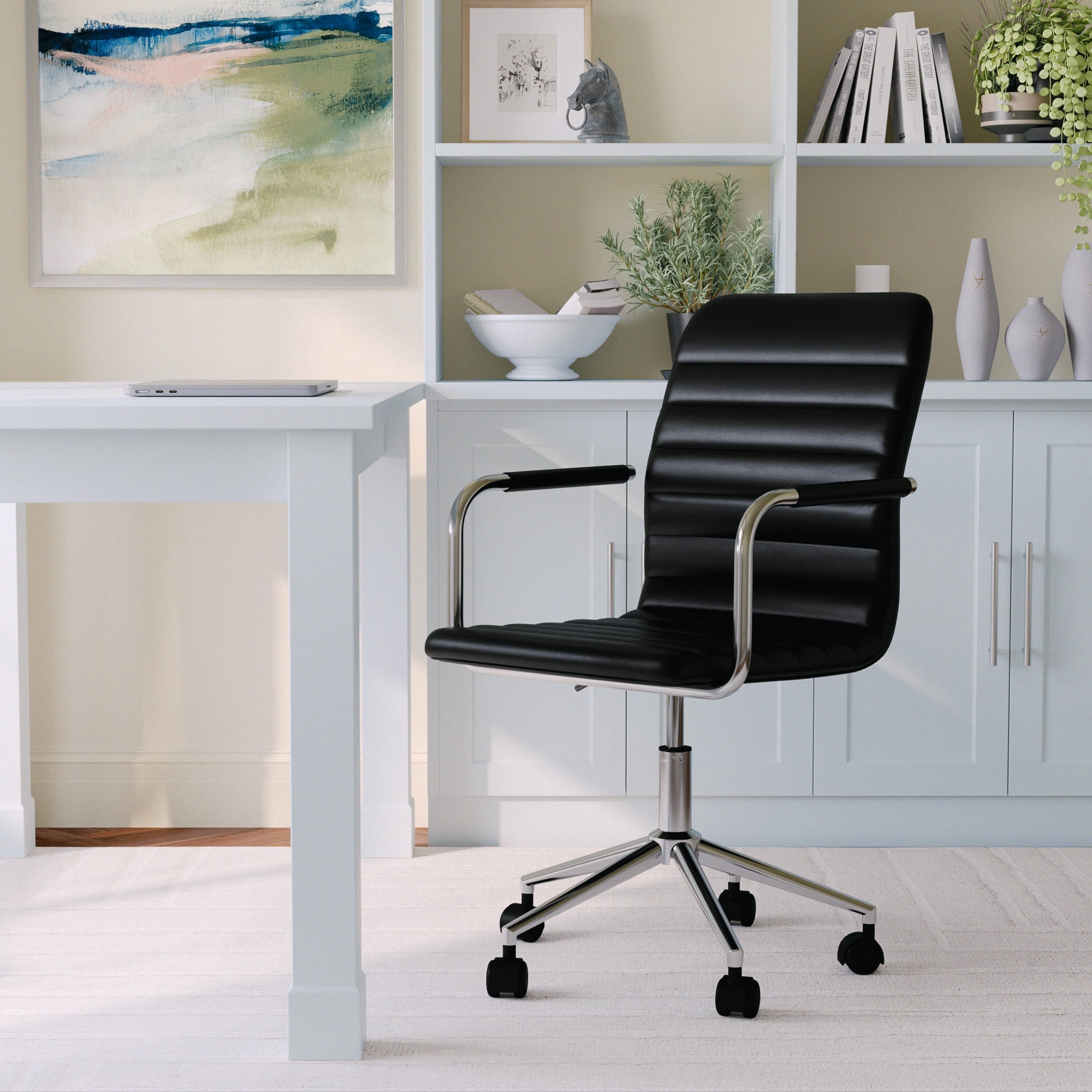 Martha Stewart Taytum Upholstered Office Chair in Black/Polished Nickel