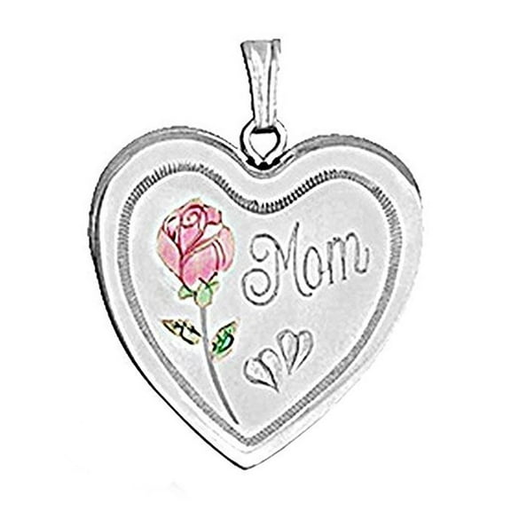 Sterling Silver "MOM with Enamel Flower " Heart Locket - 1 Inch X 1 Inch