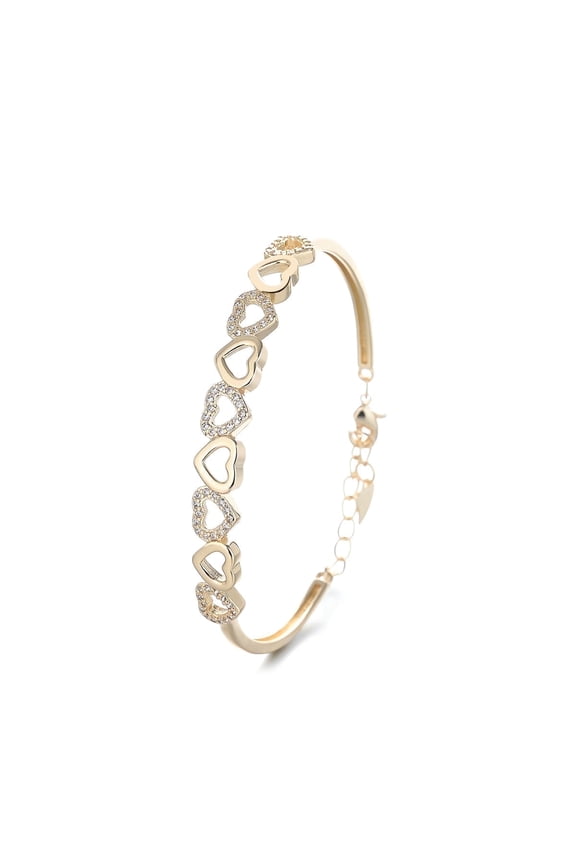 14K Gold Hearts Bangle Adjustable Bracelet with simulated Diamonds in 14K Yellow Gold Plated