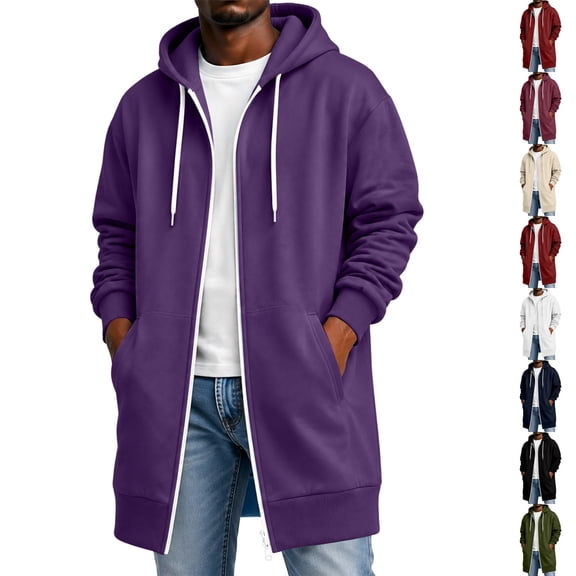 Dwellite Long Hoodies for Men Casual Lightweight Zip Up Jacket Hooded Long Sweatshirt Full Zip Jacket with Pockets Purple 4XL