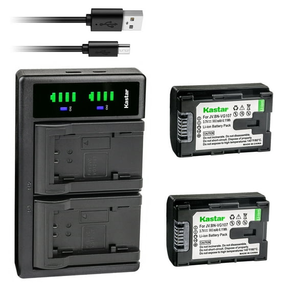 Kastar 2-Pack BN-VG107 Battery and LTD2 USB Charger Replacement for JVC GZ-MG750BEK GZ-MG750BEU GZ-MG750BU GZ-MG750BUC GZ-MG750BUS GZ-MG750RU GZ-MG750RUC GZ-MG750U GZ-MG760 GZ-MG980 GZ-MG980-A
