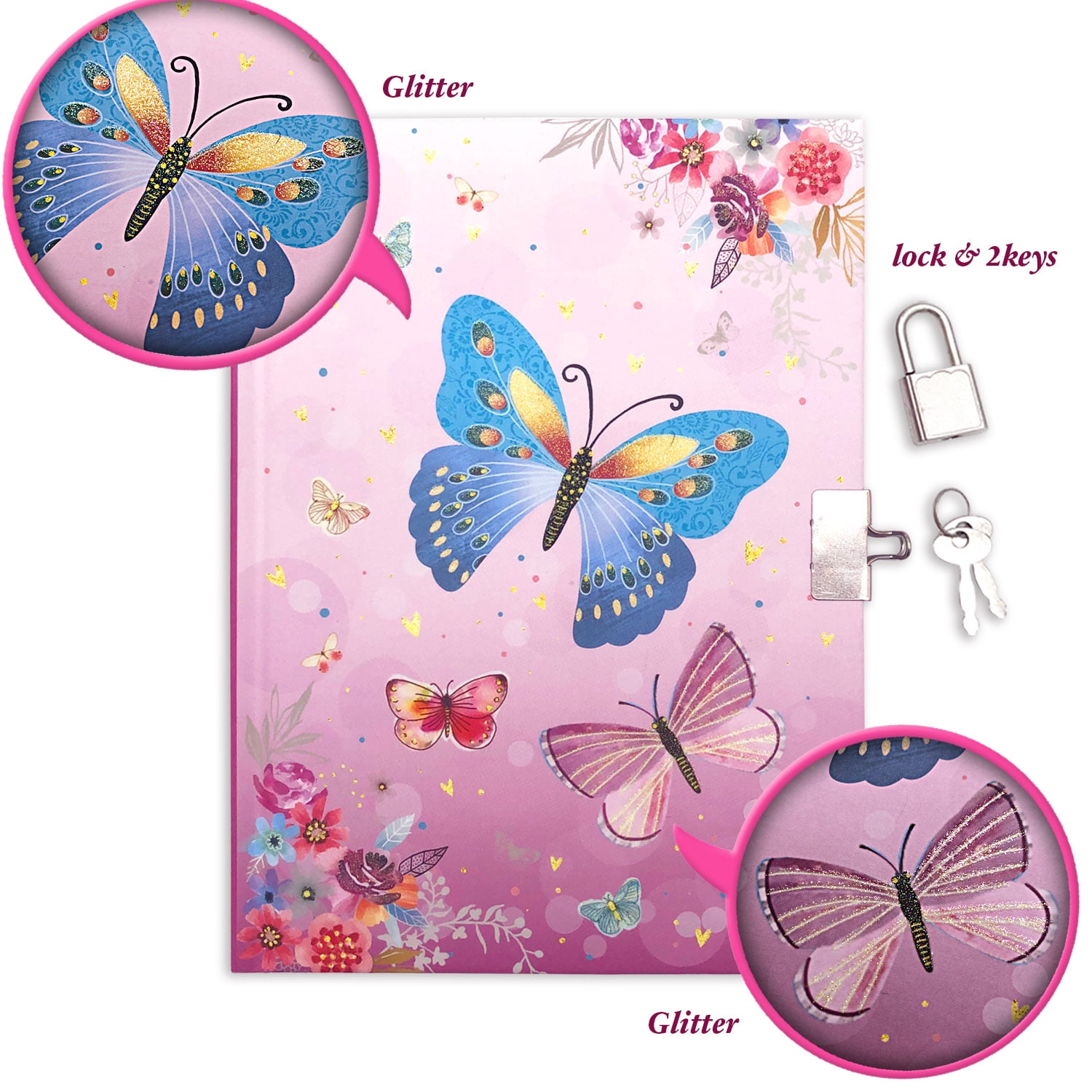 Ginmlyda Secret Diary with Lock and keys, Notebook Stationary Set Incl. Pink Butterfly Journal with Lock Memo pad 6 Colored Pen Ruler Sharpener Eraser for Learning Writing Drawing Gifts