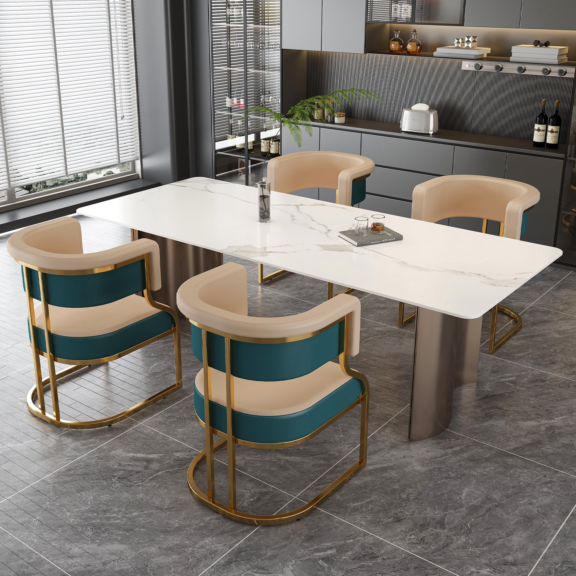Set of 2 Modern Dining Chairs with Gold Plated Iron Frame, PU Upholstered Accent Chairs, Ergonomic Curved Back Armless for Kitchen, Dining Room, Apartment, Blue