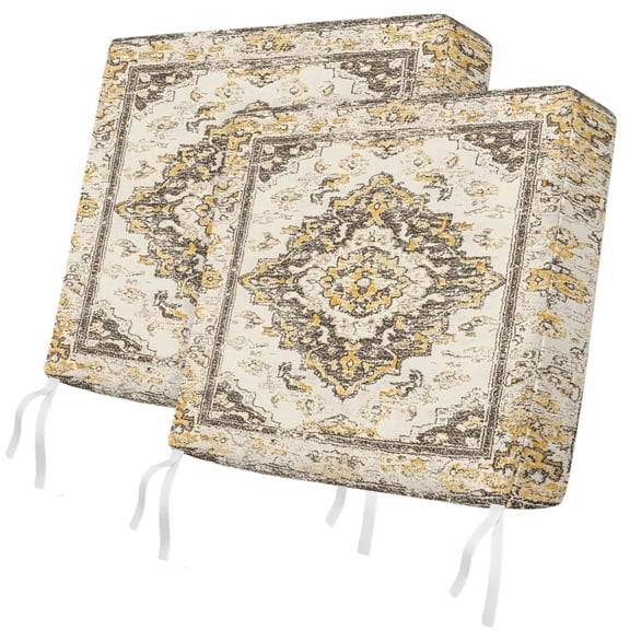 Outdoor Patio Cushion Covers 2 Pack Yellow Boho Chair Pads Slipcovers with Ties & Zipper Waterproof Seat Cover Set Bohemian Tribal Texture Seat Cushion Covers for Outdoor Couch Sofa 20x18 Inch