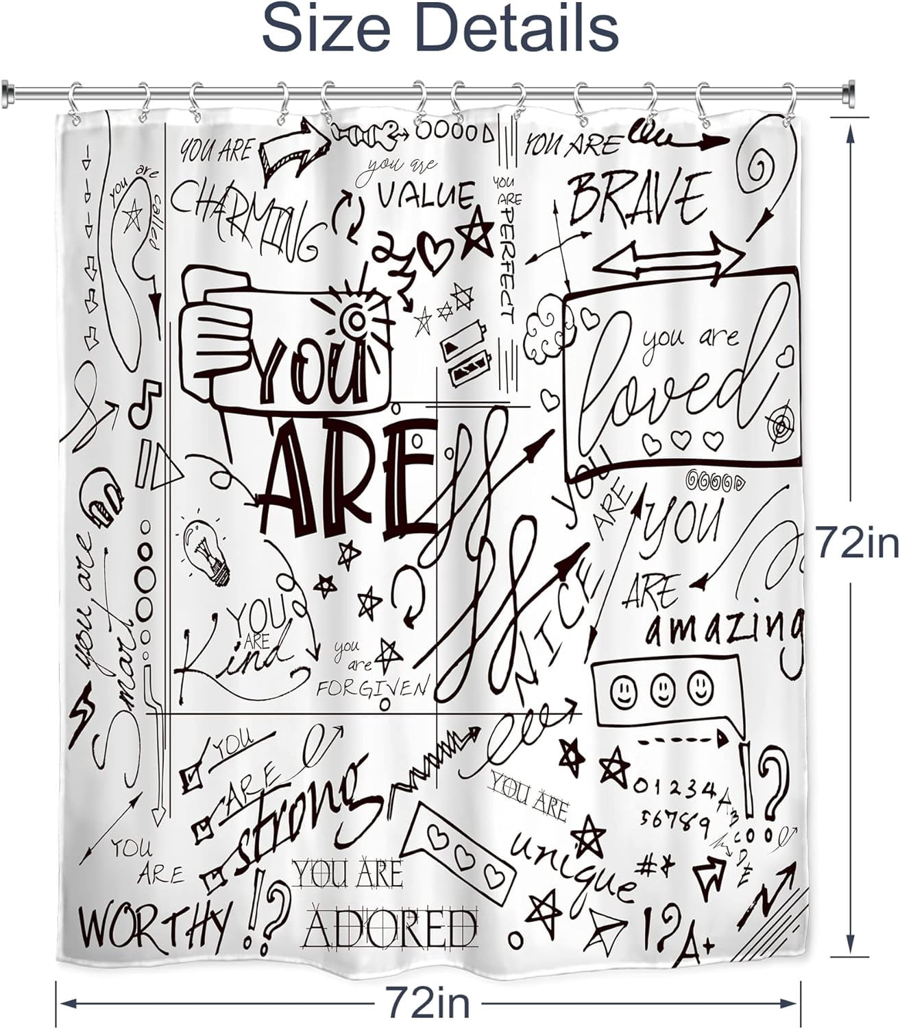 Teen Shower Curtain for Kids Funny Quotes 72Wx72L Inch Inspirational You are Graffiti Letter Positive Sayings Motivational Black White Artwork Cloth Fabric Bathroom Decor Set with 12 Pack Hooks
