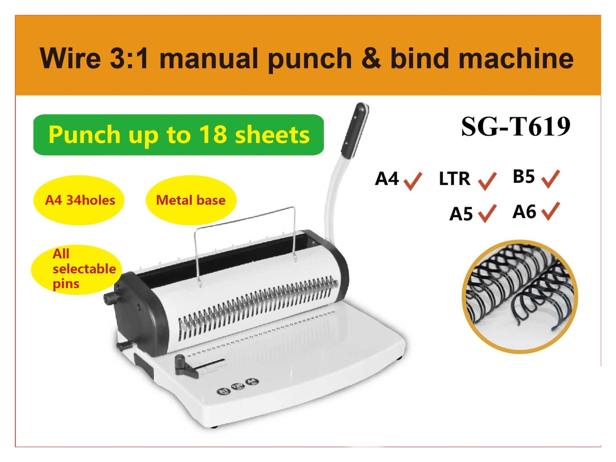SG-T619 3:1 34 Holes Manual Wire Paper Binding Machine Exercise Book Wire Manual Binding Machine ,Easy to Operate