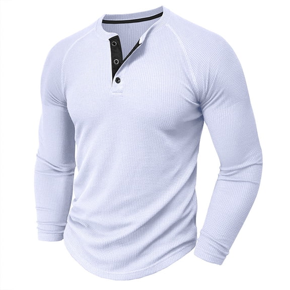 Waffleknit Shirts for Men with Button Crewneck Long Sleeve Sweatshirts Mens Casual Solid Color Pullover Slim Basic Raglan Athletic Workout Tshirts Tops
