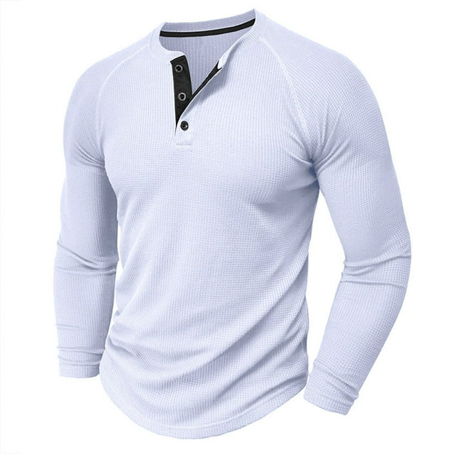 pstuiky camisetas de manga larga para hombre, Camisa informal de manga larga con cuello redondo y botones de color liso para hombre camisetas de hombre l