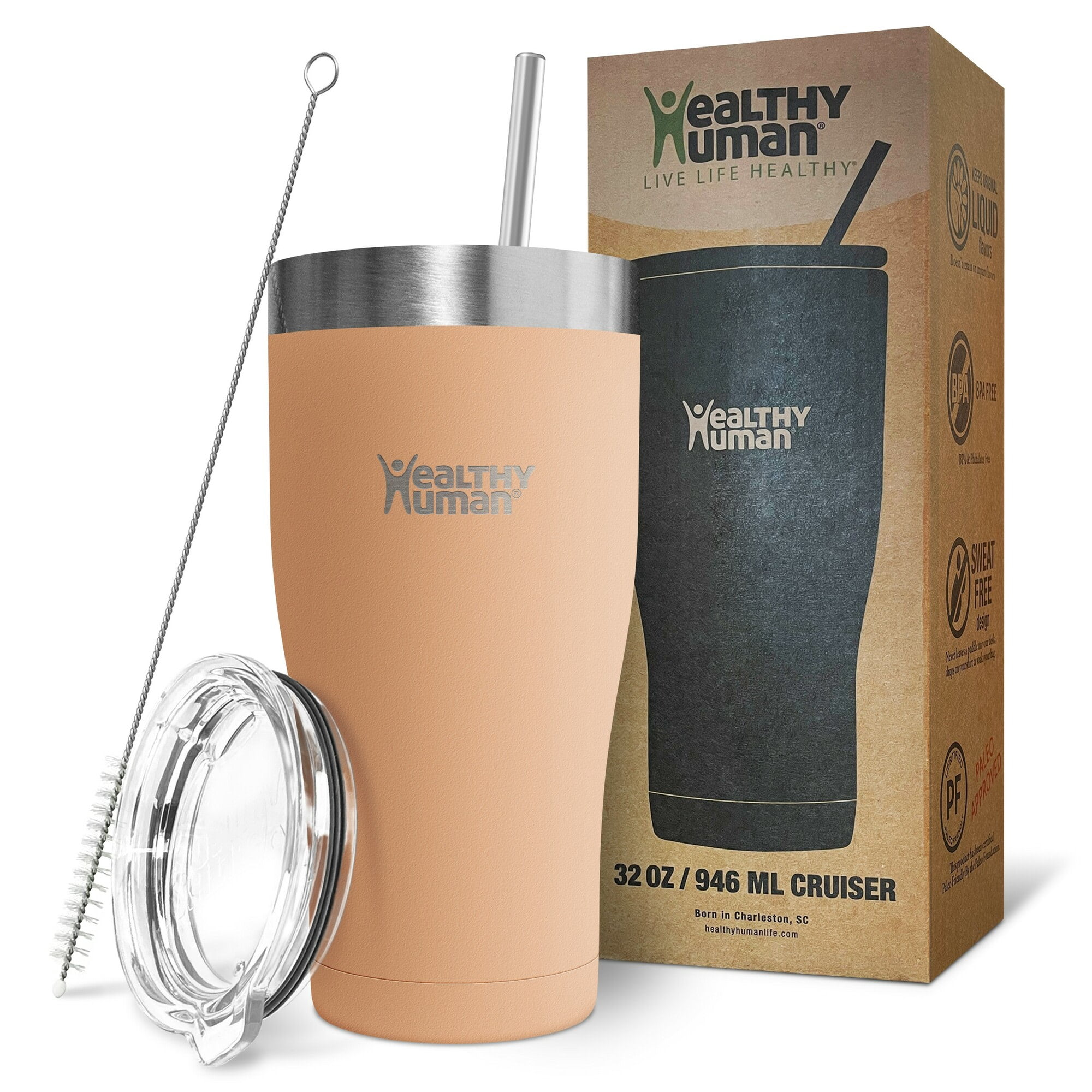 Healthy Human Stainless Steel Tumbler with Straw & Lid | Splash Proof Insulated Travel Cup | Eco-Friendly Coffee Tumblers | Straw Cleaner and Splash Proof Lids (32oz, Papaya)