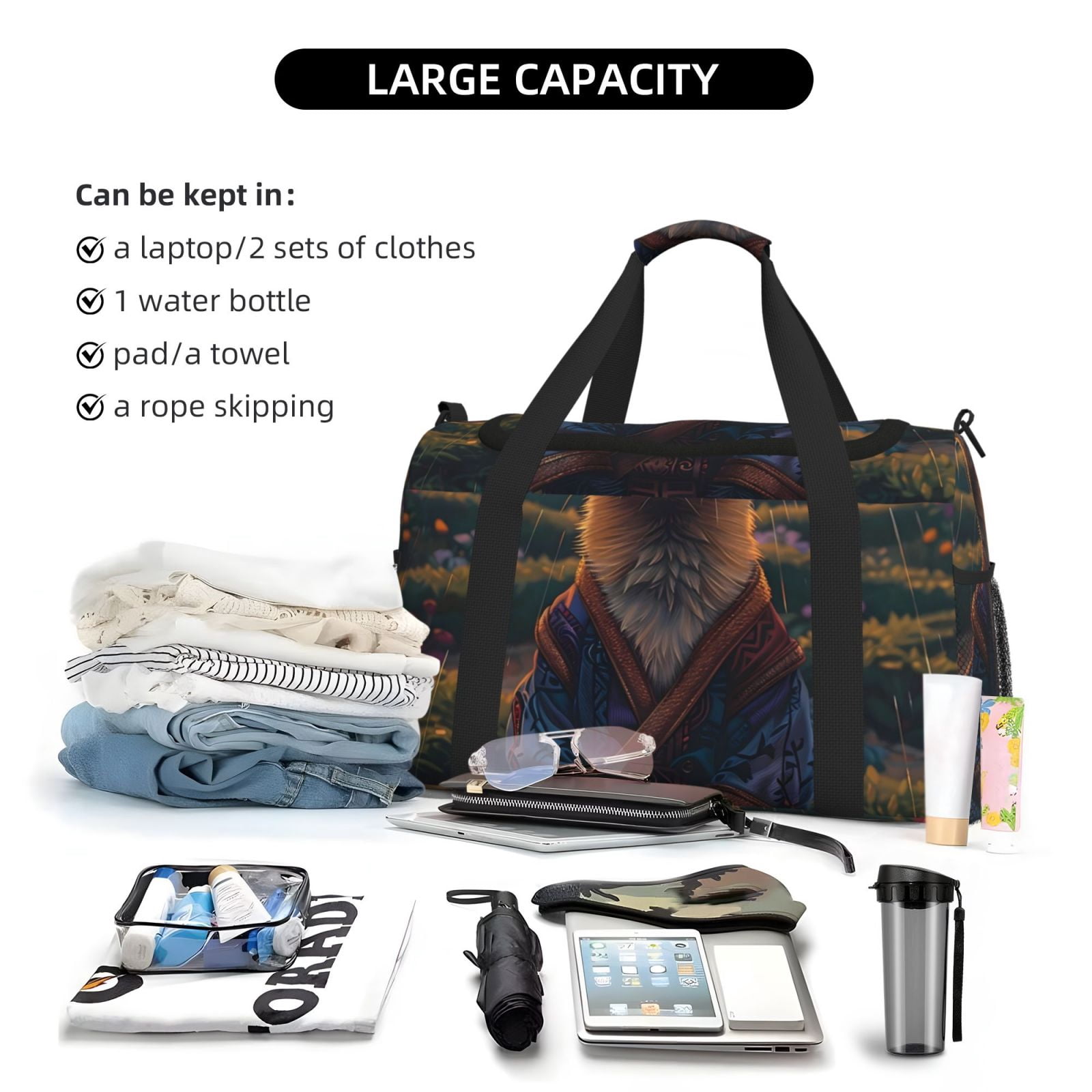 Fuzoiu Garden Meditating Weasel Print Travel Duffle Bag,Carry On Tote Bags,Duffel Bag,Sport Gym Bag, Hospital Bag for Labor and Delivery, Overnight Bag,Luggage Bag