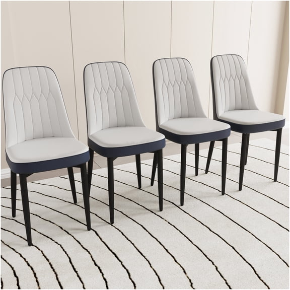 Set of 4 White PU Leather Dining Chairs with Cushions, Modern Kitchen Chairs with Black Metal Legs