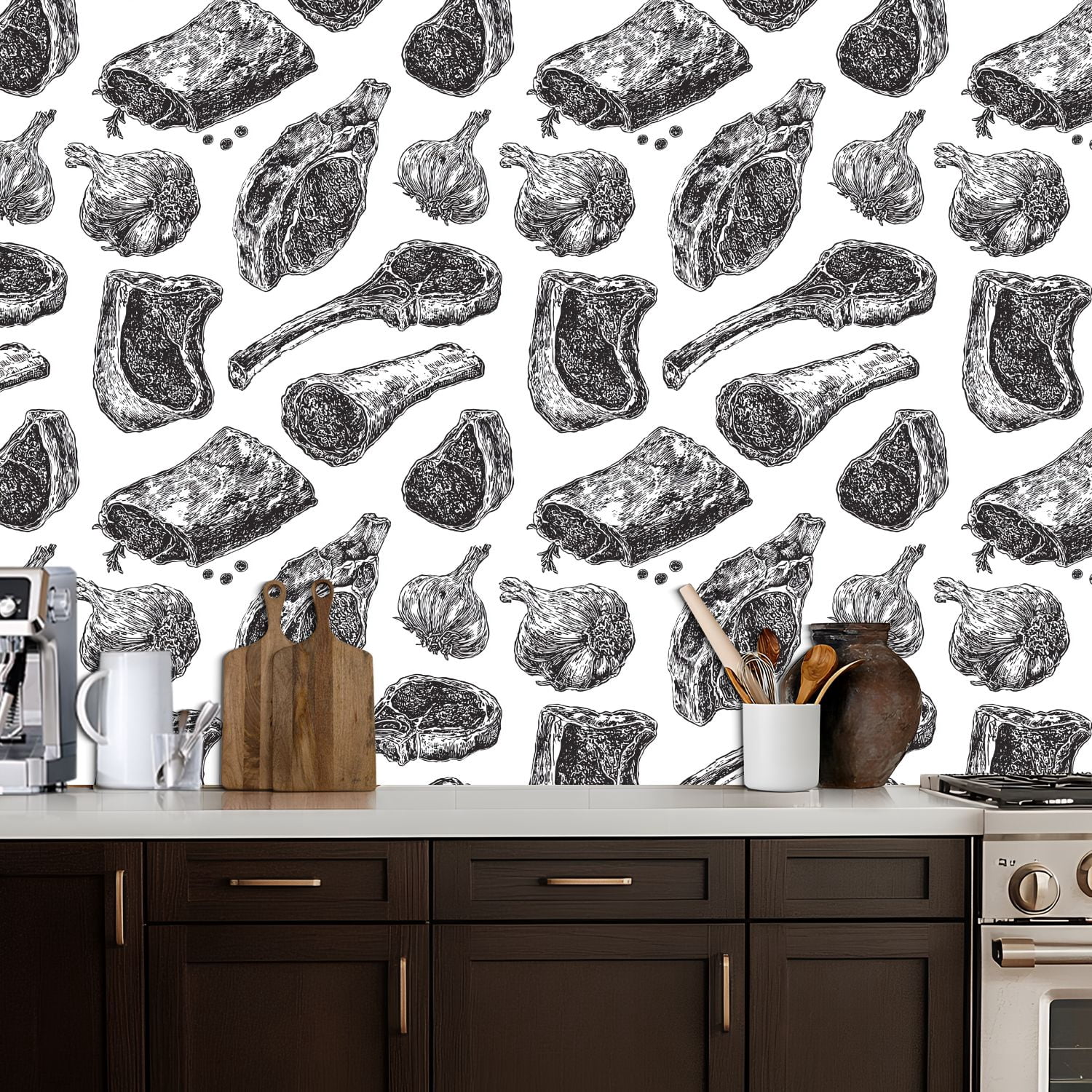 Peel and Stick Wallpaper meat drawing Hand drawn beef steak pork ham Wall Mural 17.7in x 9.8ft Self Adhesive Removable Wall Paper Renter Friendly Wallpaper for Bedroom Nursery