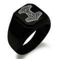 thumbnail image 1 of Stainless Steel Thor's Hammer Mjolnir Knot Viking Norse Engraved Square Flat Top Biker Style Polished Signet Ring, 1 of 1