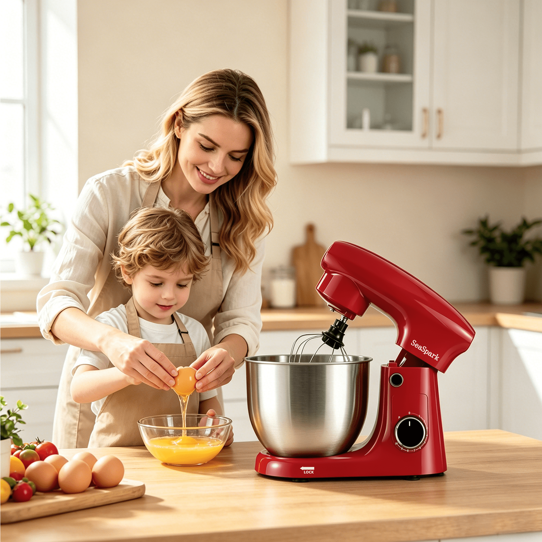 SeaSpark 3-in-1 Stand Mixer, 5.5 QT Tilt-Head 10-Speed Electric Stand Mixer, Food Mixer with Dough Hook, Beater, Whisk, Red