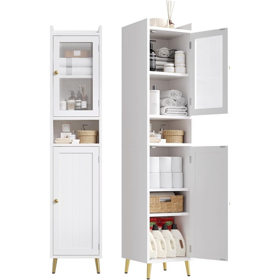 69'' Tall Bathroom Storage Cabinet with 2 Adjustable Shelves, White 6 Tier Narrow Bathroom Cabinet with 2 Doors, Slim Linen Cabinets for Brathroom,Home Office,Wood