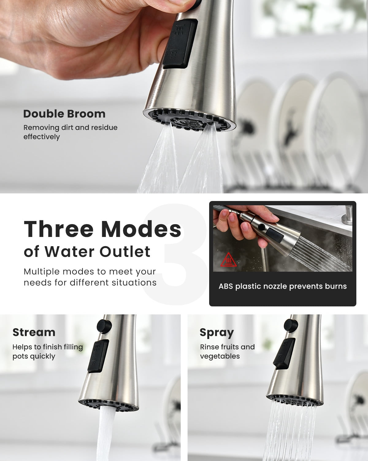 DAYONE 3 Hole Kitchen Faucet with Separate Handle and Pull Down Sprayer, 2 Handle Sink Faucets for Kitchen/RV with Soap Dispenser Stainless Steel, Brushed Nickel