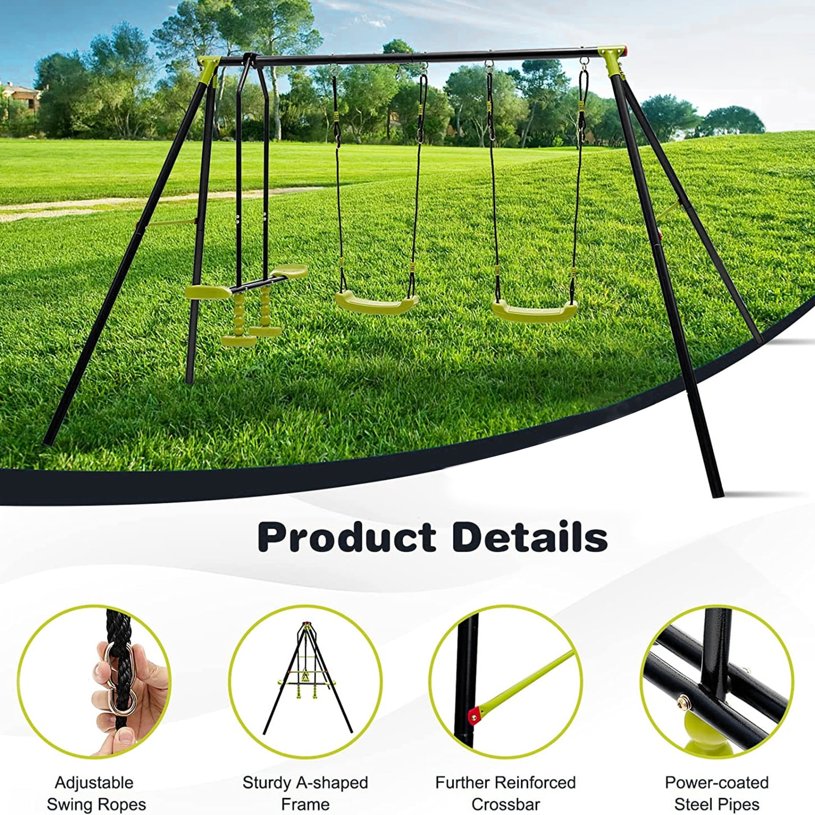 iRerts Outdoor Swing Sets for Kids, 3 in 1 Metal Swing Set with 2 Single Swings and 1 Swing Glider, Kids Playground Set for Backyard Garden Park, Kids Backyard Swing Set for Boys Girls