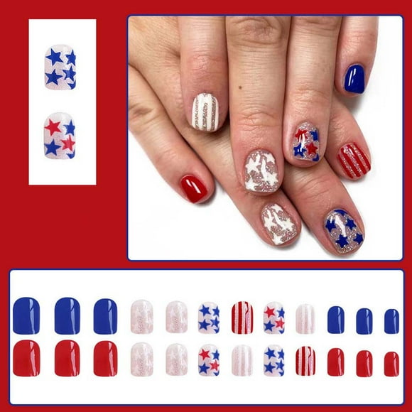 Summer Savings! Gspmoly False Nails, Short Glossy Independence Day New Light Irregular Lines Glitter 24Psc Press On Nails