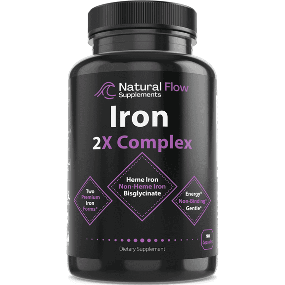 Natural Flow Supplements Iron 2-in-1 Premium Complete Complex, 2X Heme and Non-Heme Iron Blend Formula, 90 Caps