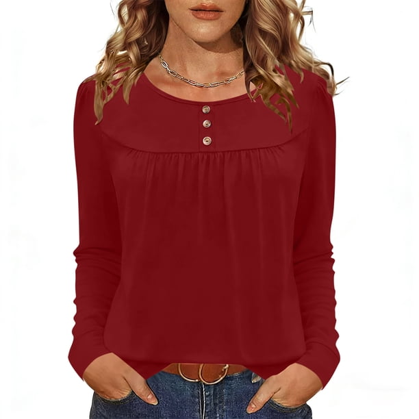 Camisas de Manga Corta para las Mujeres Casual Color Sólido Blusas Plisadas, Moda Cuello Redondo Tops de Verano para la Fiesta