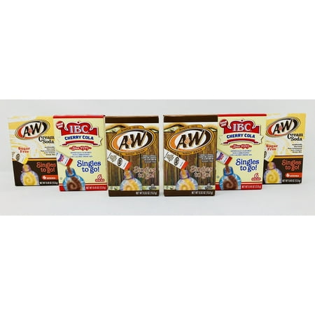 Singles To Go! A&W Root Beer + A&W Cream Soda + IBC Cherry Cola Variety Pack Bundle - 6 Boxes (2 of each flavor) w/6 pouches in