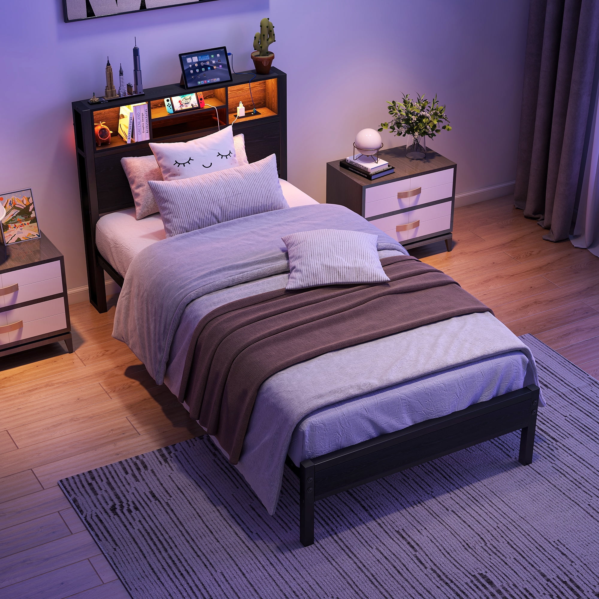 Miniyam Metal Twin Size Bed with Storage Headboard, LED Light, Charging Station for Adult, Black
