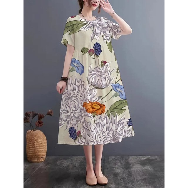 JUNWELL Summer Traditional Pattern Print Casual Round Neck Short Sleeve Dress Imitation Linen Fabric Dress Light Breathable Comfortable