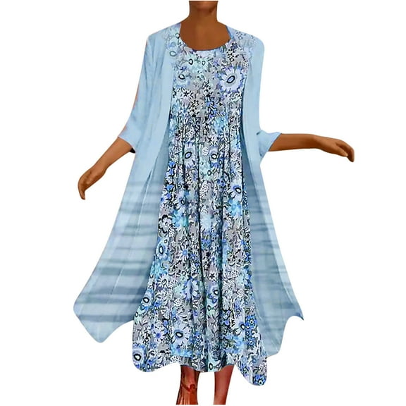 IROINNID Women's Round Neckline A-Line Dress Casual Loose Printed Tank Dress Beach Pocket Sleeveless Suit Dresses Ankle-Length Dress