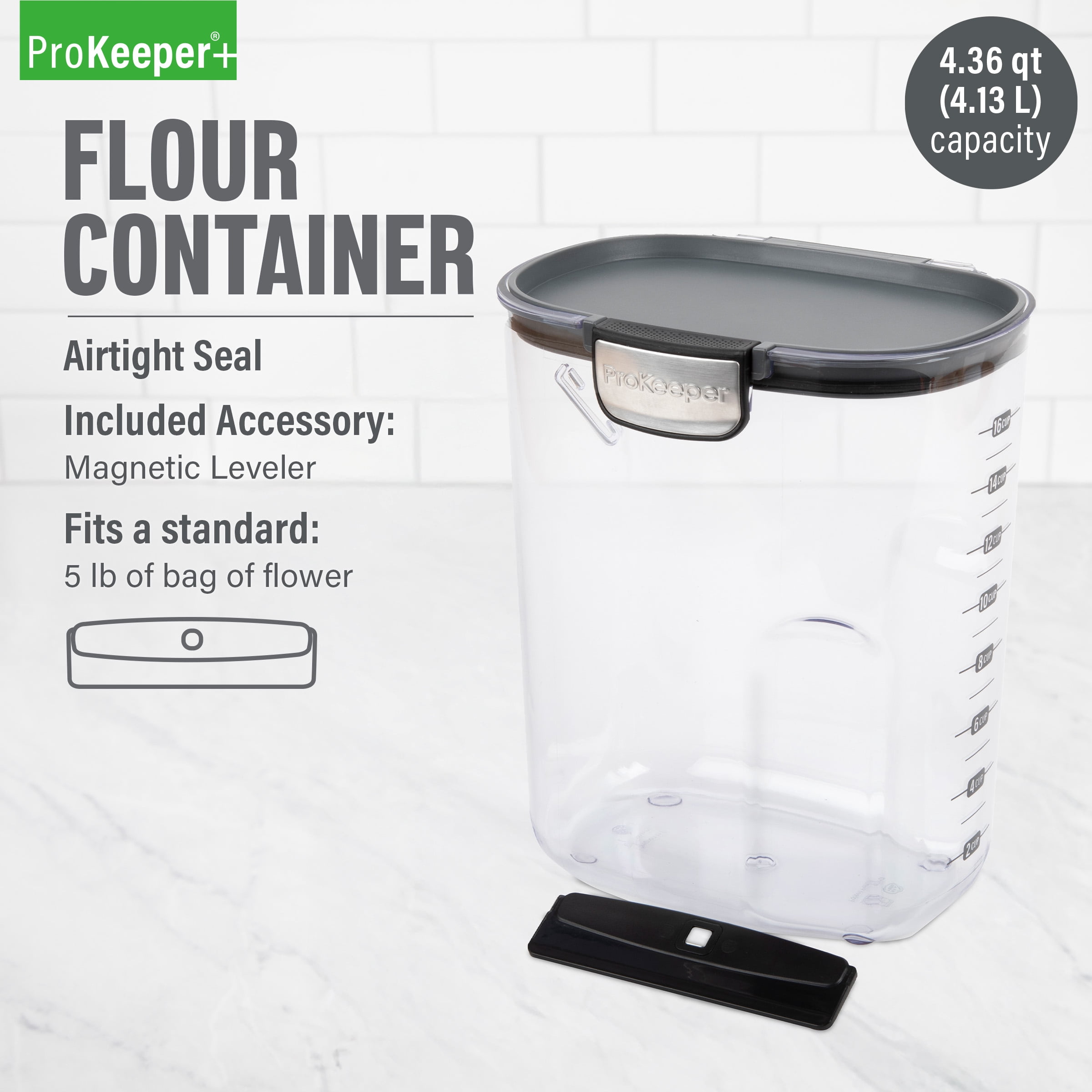 Flour ProKeeper+ Airtight Flour Storage Container with Magnetic Leveler and Stainless-Steel Latch, 5 lb Capacity, Ideal Use for Pantry Organization and Food Storage