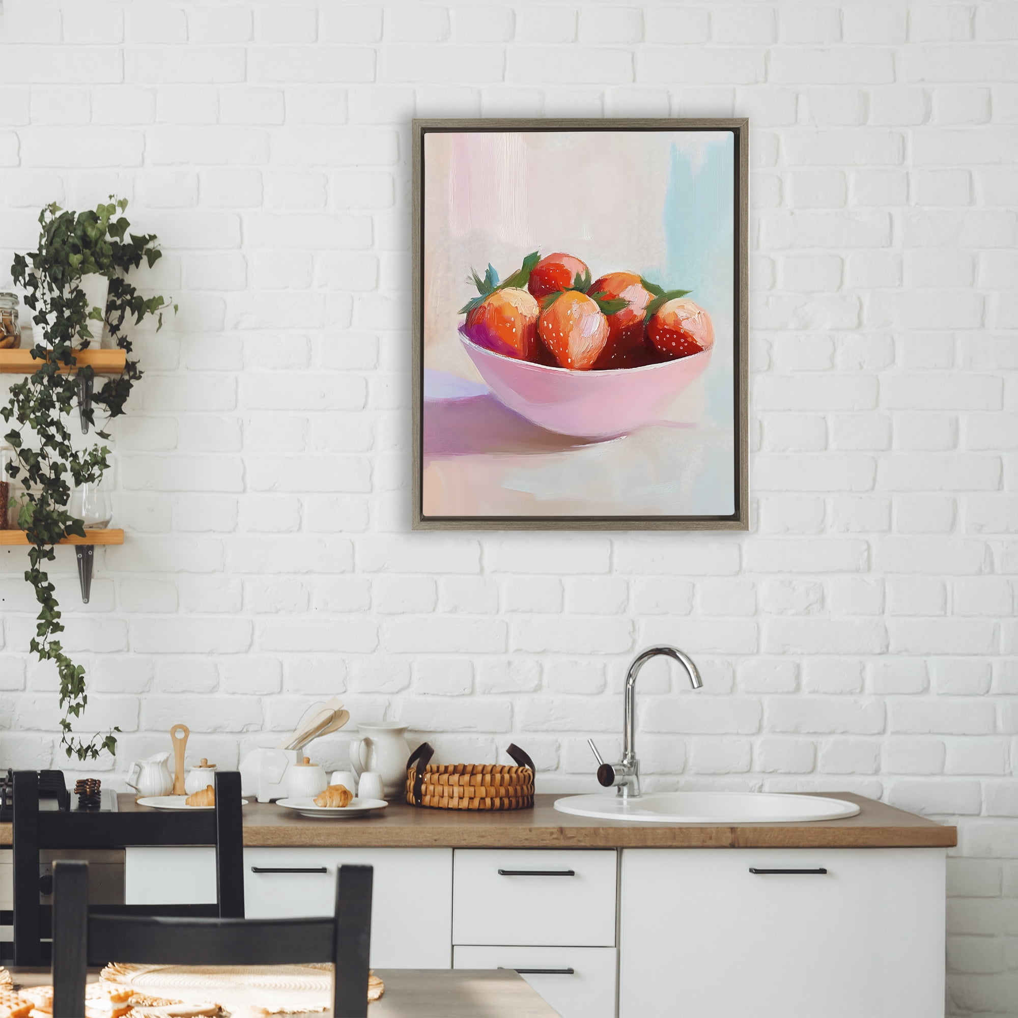 Stupell Industries Pastel Bowl of Strawberries Brown Framed Floater Canvas Wall Art, design by The Prints Vibe