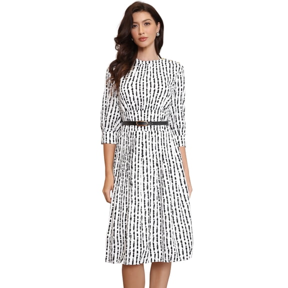 DARING DIVA Women's Pleated Puff Half Sleeve Crew Neck A-Line Office Dresses XS White