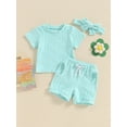 thumbnail image 3 of Musuos Toddler Girls Casual Shorts Set, 6 12 18 24M 3Y Solid Color Short Sleeve T-shirt with Elastic Waist Shorts with Hairband 3 Piece Summer Set, 3 of 10