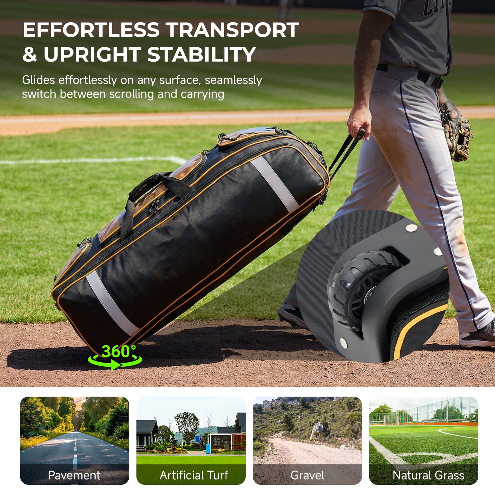 Fegat 100L Rolling Baseball Bag, Newly Catchers Gear Bag for Baseball Softball, Portable Waterproof Equipment Bag Holds 8 Bats, Stand-Up Base, Reflective Strip, Fence Hooks