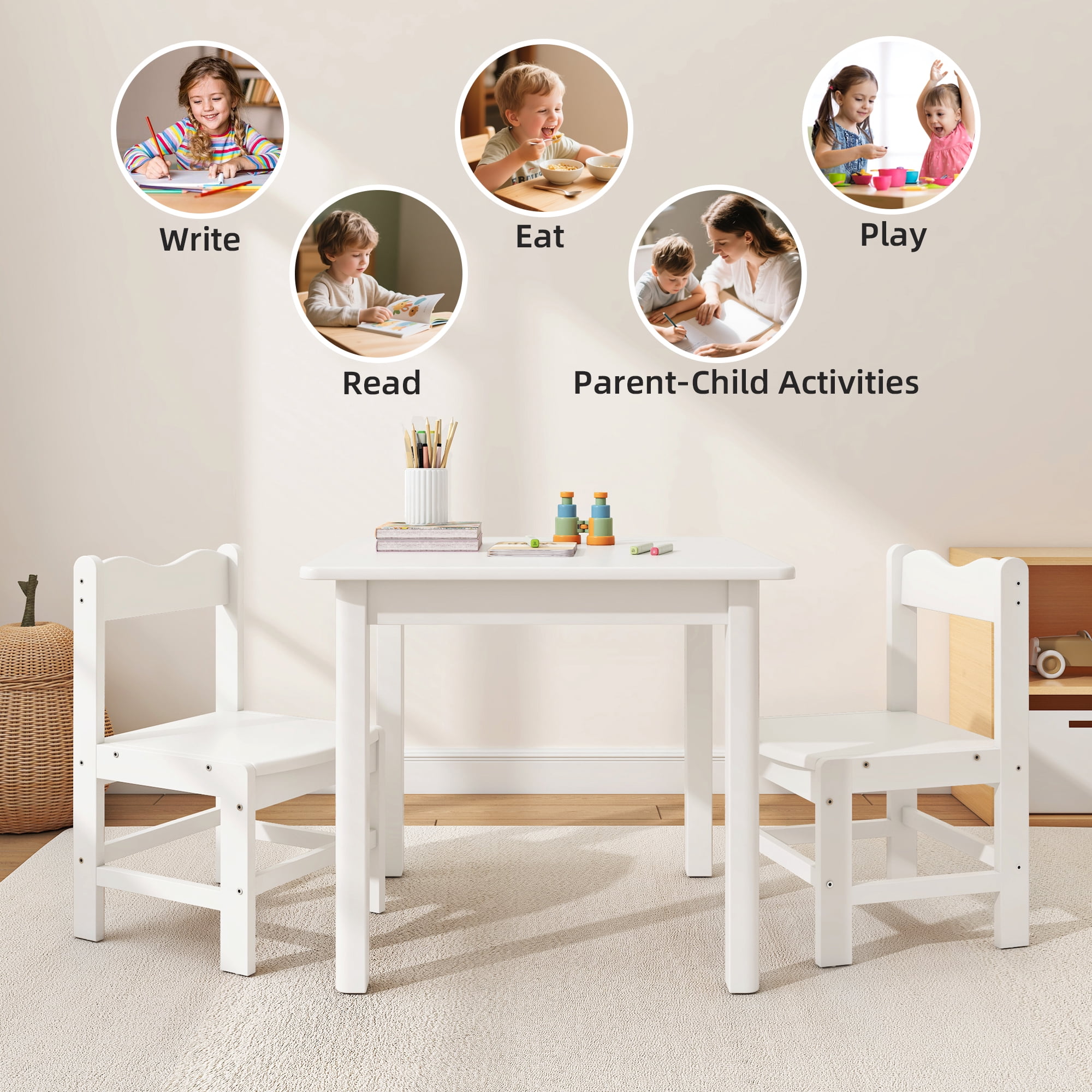 UNICOO® Wooden Kids Table and Chairs Set – 3-Piece Hard Wood Toddler Table with 2 Chairs – Playroom & Classroom Kids Desk and Chair Set for Arts, Crafts, Reading, Snacks (White)