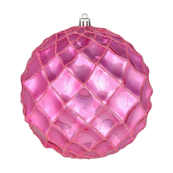 Vickerman 4" Mauve Shiny Form Ball Drilled Wired 6/Bag. Add texture and shimmer to your holiday decorating projects with this geometric shaped ball. It features glitter accents along the edges of the