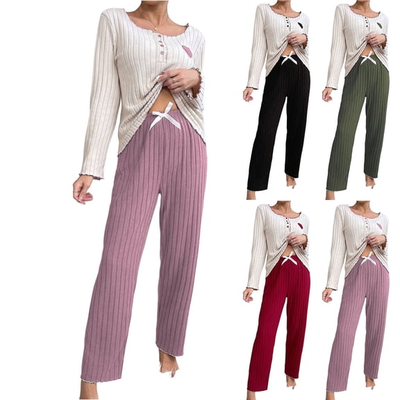 Censtreet Womens Ribbed Knit Pajama Sets 2 Piece Lounge Set Long Sleeve Pjs Sleepwear Set with Pockets