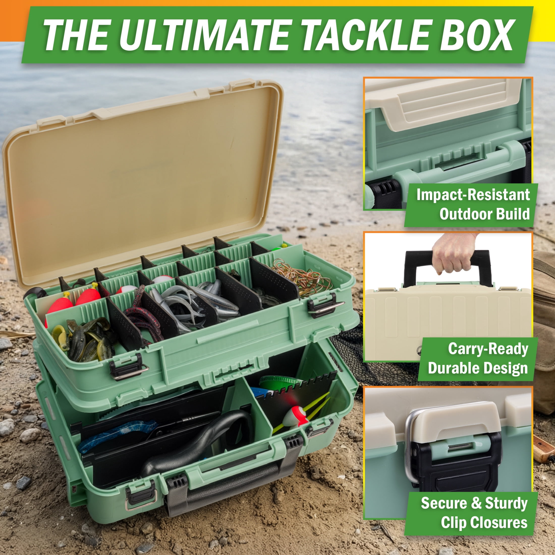 Wakeman Outdoors Fishing Tackle Box Organizer - 2 Layer Tacklebox Storage Box with Dividers, Green