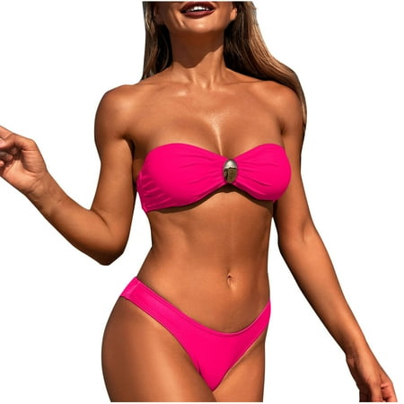Saving UTSJKR Women s 2 Piece Bandeau Swimsuit Ruched Strapless Bandeau High Cut Bikini Set Bathing Suit Metallic Ruched Tie Comfy Strapless Bra and High Cut Brief Swimsuits Pink XL